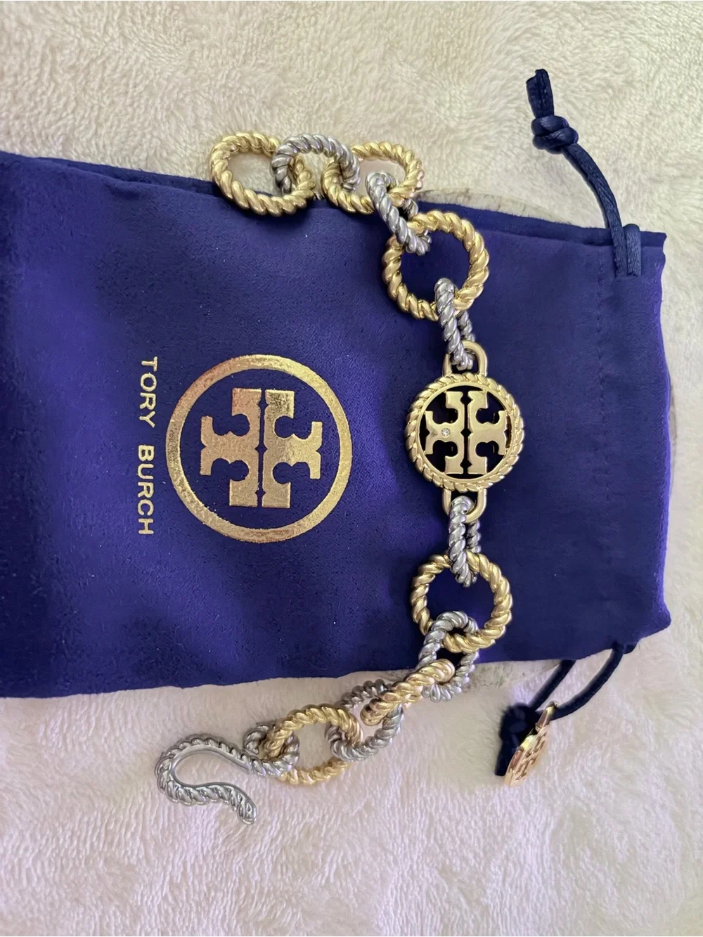 Tory Burch Gold and Silver Twisted Rope Chain Bracelet with Logo Medallion